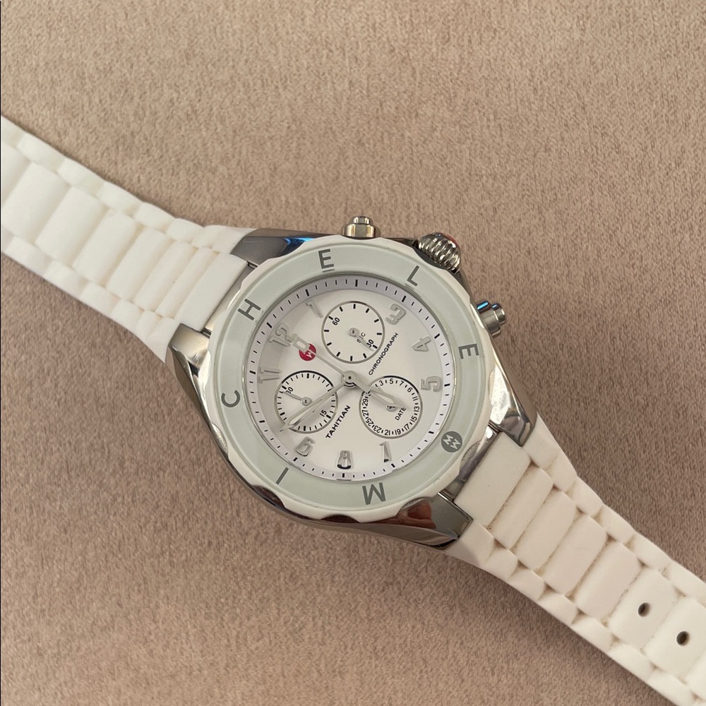 Michele Silver and White Tahitian JellyBean Chronograph Timepiece